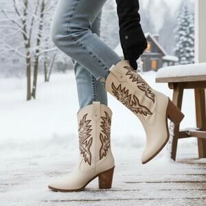 MIA Taley Western Mid Boot Womens 8.5 M Ivory Embroidery Faux Leather Round Toe